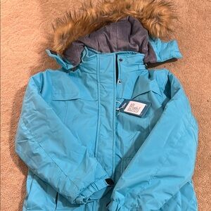 Children's Aqua Puffer Jacket with Faux Fur Trim